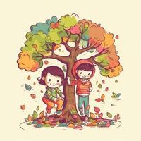 Two kids playing around the tree, cartoon illustration with photo