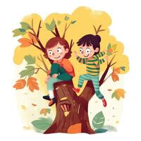 Two kids playing around the tree, cartoon illustration with photo