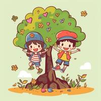 Two kids playing around the tree, cartoon illustration with photo