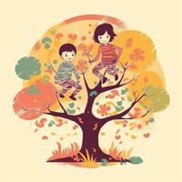 Two kids playing around the tree, cartoon illustration with photo