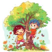 Two kids playing around the tree, cartoon illustration with photo