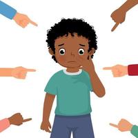 pequeño africano chico llorando obtener intimidado a colegio sensación triste, culpable y avergonzado con dedo rodeando señalando a él culpar y acusando él en público vector