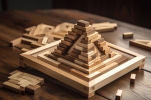 An impossible geometric puzzle made of wood create by generative AI technology. photo