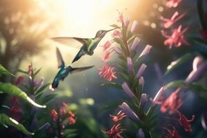 Several hummingbirds buzzing around flowers in a jungle created with technology. photo