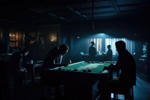 A dark room with the silhouettes of people gambling created with technology. photo