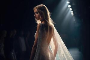 Gorgeous woman wearing a thin translucent silk veil on the catwalk at a fashion show created with technology. photo