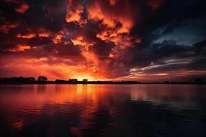 A stunning and dramatic sunset sky created with technology. photo