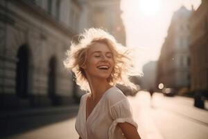 un contento mujer carreras alrededor bailando en un moderno ciudad creado con generativo ai tecnología. foto