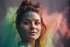 Exploding colour powder in rainbow colours forming a portrait of a beautiful young woman created with technology. photo