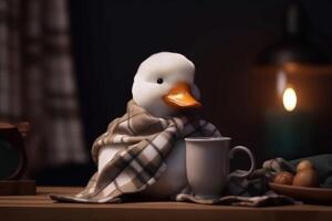 A white duck wearing a scarf and having a coffee created with technology. photo