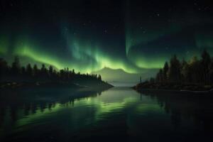 Auroras in green colour and stars over a lake with reflections of the sky created with technology. photo