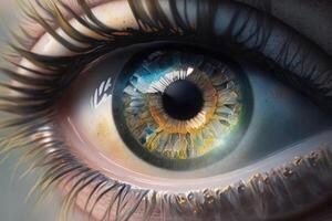 Close up of a female eye in steampunk style created with technology. photo