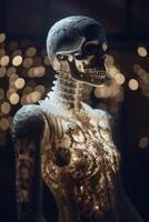 An innovative and elegant dress made of bones and skulls on a Mannequin with soft bokeh lights created with technology. photo