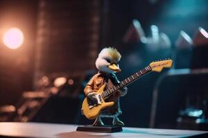 A duck plays rock music on an electric guitar with its wing on a rock concert stage created with technology. photo