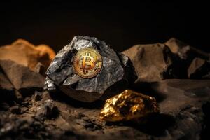 Bitcoin crypto currency mined directly from ore created with technology. photo