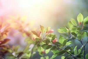 A beautiful spring background with leaves and little flowers on a light background created with technology. photo