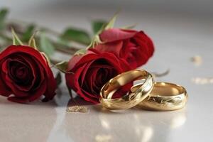 Two wedding rings made of gold on a light surface with some roses created with technology. photo