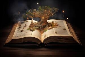 un mágico libro con fantasía cuentos viniendo fuera de el libro creado con generativo ai tecnología. foto