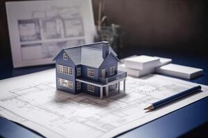 A blueprint of a residential house on a desk with a model of the house on the desk created with technology. photo