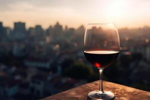 un vaso de rojo vino con un soleado ciudad suave atención antecedentes creado con generativo ai tecnología. foto