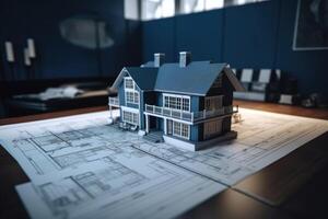 A blueprint of a residential house on a desk with a model of the house on the desk created with technology. photo