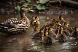 A duck mother with a lot of ducklings created with technology. photo