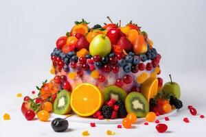 A big cake made of colorful fruits on a white background created with technology. photo