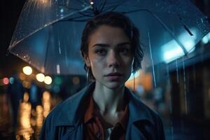 A young woman with an umbrella seen from behind walks in a modern city at night and heavy rain created with technology. photo