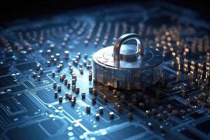A lock on a cyber security background prevents hacking in the network created with technology. photo