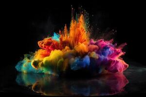 explotando color polvo en arco iris colores en un negro antecedentes creado con generativo ai tecnología. foto