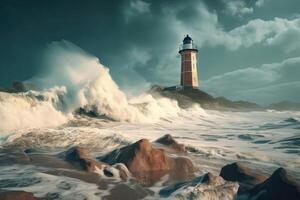 A beach with huge waves on the cliffs created with technology. photo