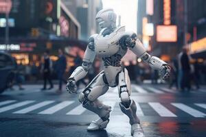 An AI robot dancing in a busy street for some money created with technology. photo