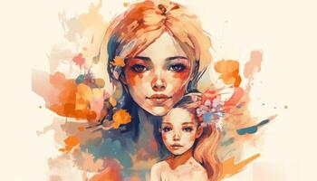 A watercolor drawing of a a mother and child together, illustration with photo