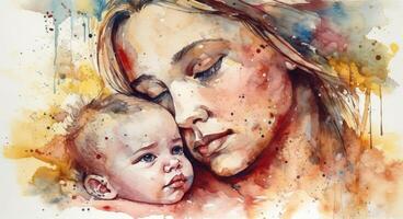 A watercolor drawing of a a mother and child together, illustration with photo