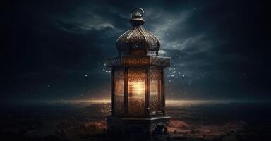 un imagen de un iluminado eid linterna a noche con generativo ai foto