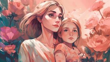 A cartoon drawing of a a mother and child together, illustration with photo