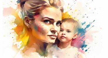 A watercolor drawing of a a mother and child together, illustration with photo