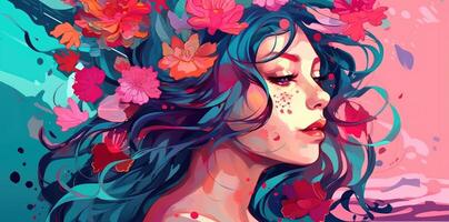 A girl's head filled with flowers, in the style of delicate paper cutouts, photo