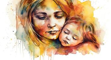 A watercolor drawing of a a mother and child together, illustration with photo