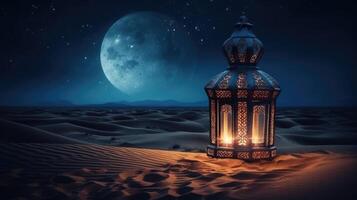 An image of an illuminated eid lantern at night with photo