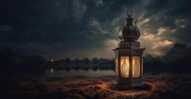 An image of an illuminated eid lantern at night with generative ai photo
