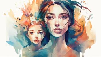 A watercolor drawing of a a mother and child together, illustration with photo