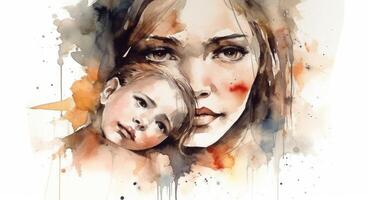 A watercolor drawing of a a mother and child together, illustration with photo