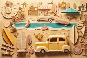 Summer travel vacation beach holidays concept. Retro paper art collage. photo