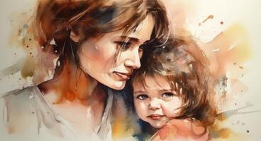 A watercolor drawing of a a mother and child together, illustration with photo