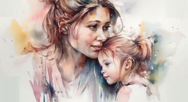 A watercolor drawing of a a mother and child together, illustration with photo