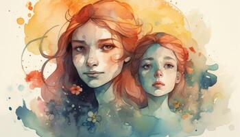 A watercolor drawing of a a mother and child together, illustration with photo