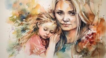 A watercolor drawing of a a mother and child together, illustration with photo