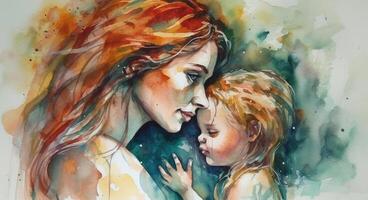 A watercolor drawing of a a mother and child together, illustration with photo