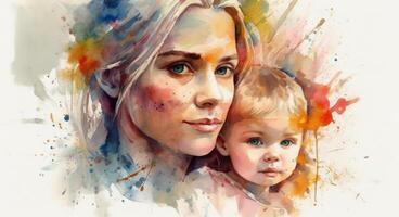 A watercolor drawing of a a mother and child together, illustration with photo